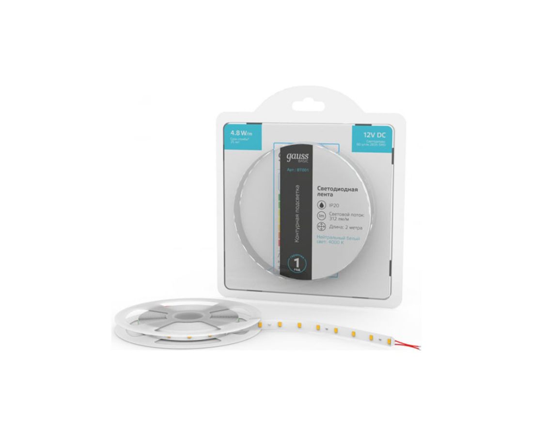 ლედ ლენტი 4.8W 4000K 12V 2M - Gauss — LED განათება